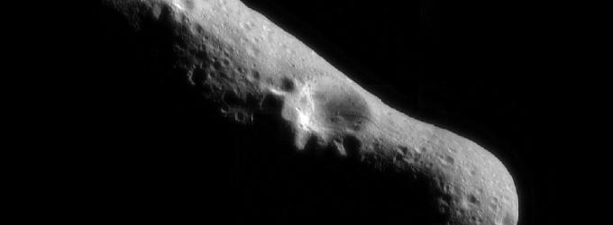 Asteroid (433) Eros as imaged by the robotic spacecraft NEAR Shoemaker in 2001.