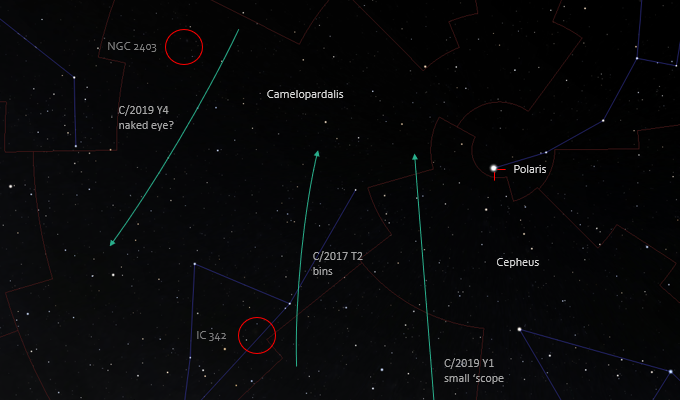 comets in and around Camelopardalis in April 2020